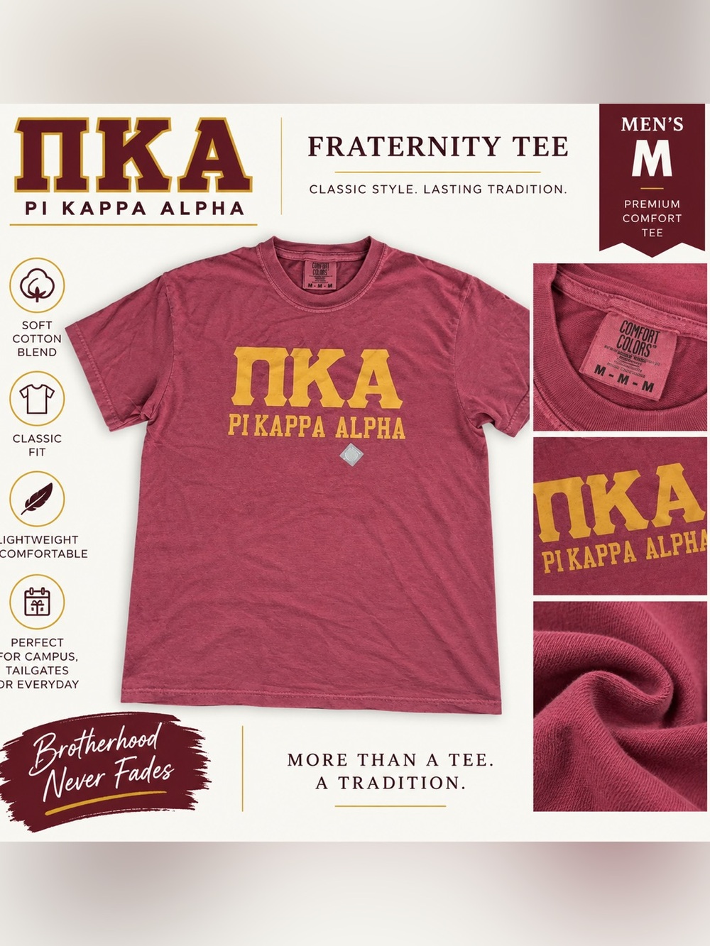 Comfort Colors Pi Kappa Alpha PIKE Fraternity T-Shirt Men’s Medium Maroon Gold